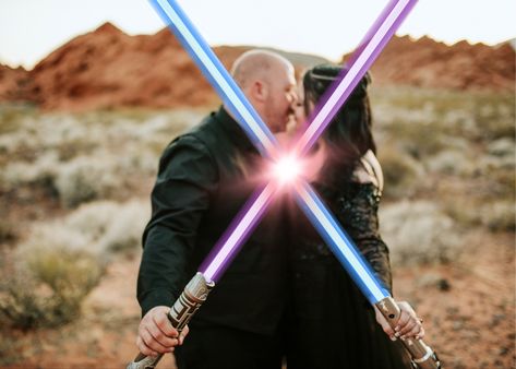 Star Wars Couples Photoshoot, Lightsaber Photoshoot Ideas, Lightsaber Wedding Photos, Star Wars Wedding Photos, Starwars Photoshoot, Star Wars Engagement Photos, Lightsaber Wedding, Sedona Photoshoot, Star Wars Engagement