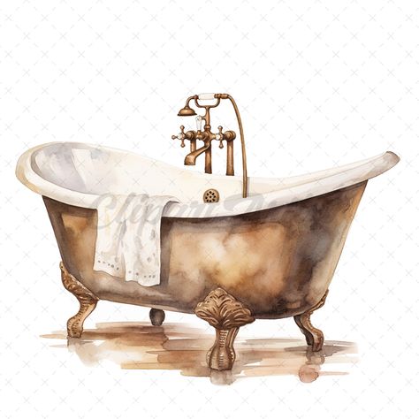 Bathroom Watercolor Art, Watercolor Branding, Bath Art, Shabby Chic Bathroom, Digital Elements, Chic Bathrooms, Beautiful Greeting Cards, Whimsical Illustration, Crafts Beautiful