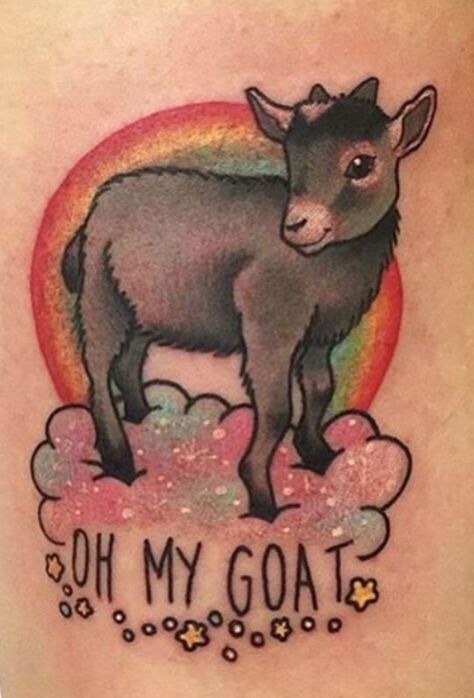 'Oh my goat' tattoo                                                                                                                                                                                 More Tattoo Goat, Goat Tattoo, Goat Picture, Rainbow Tattoo, Tattooed Lady, 10 Tattoo, Traditional Tattoo Inspiration, Rainbow Tattoos, Goth Tattoo