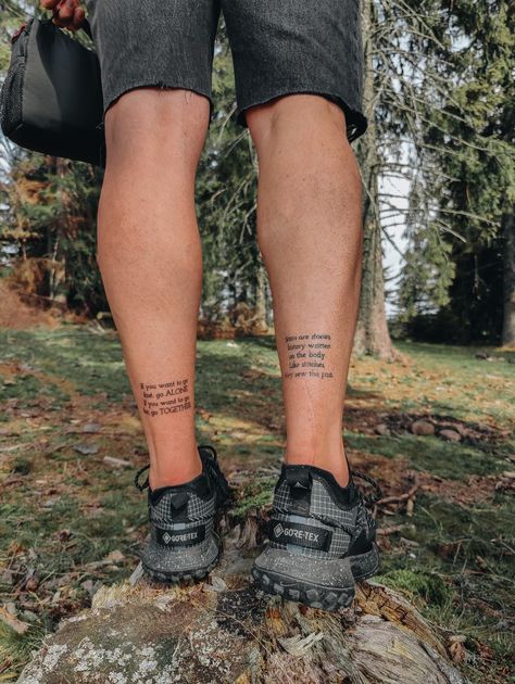 Text tattoo leg quotes Leg Text Tattoo, Tattoos On Upper Thigh, Quote Tattoos On Leg, Quote Leg Tattoos, Leg Script Tattoo, Upper Thigh Tattoo Women, Thigh Tattoo Women, Tattoo Shin, Leg Quote Tattoo