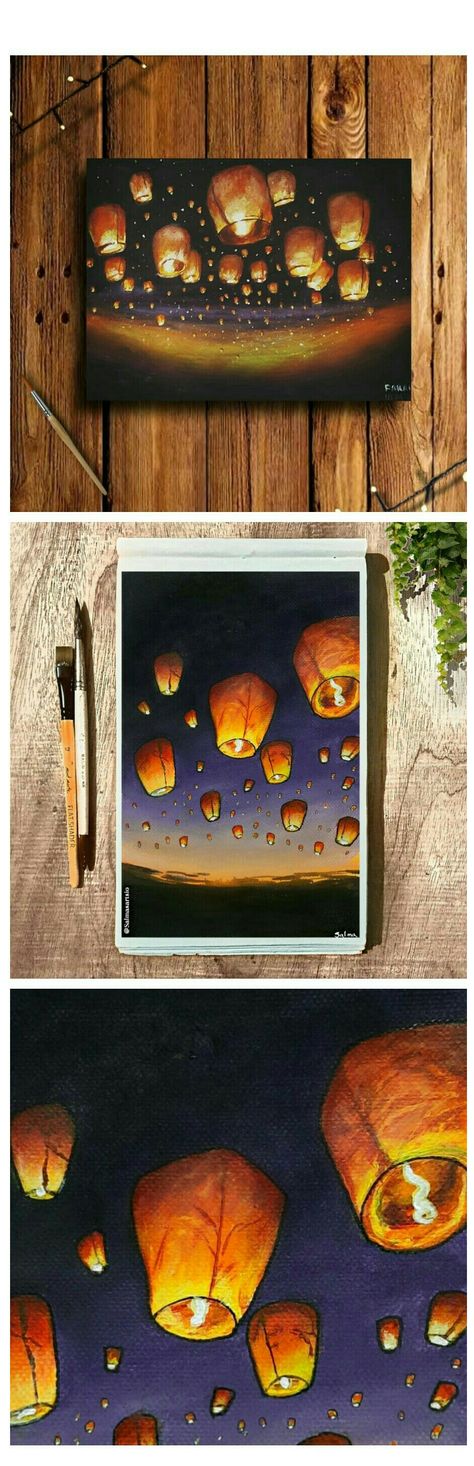 Diwali Theme Painting Canvas, Flying Lantern Painting, Lantern Canvas Painting, Sky Lantern Painting, Sky Lanterns Painting, Floating Lantern Painting, Lantern Festival Painting, Sky Lantern Drawing, Lantern Watercolor Painting