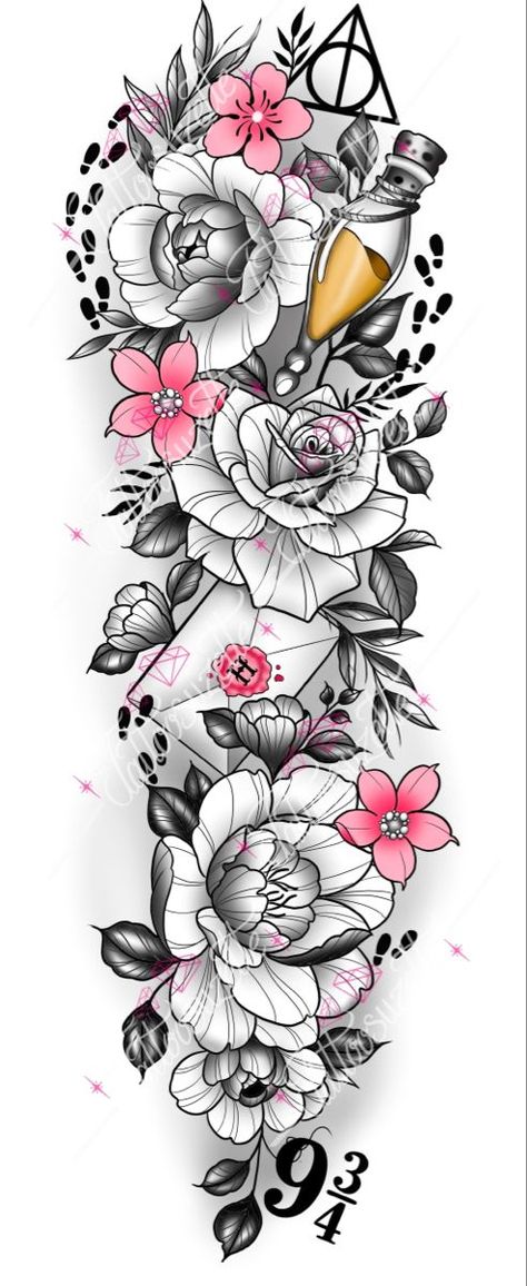 Harry Potter Floral Sleeve Tattoo, Harry Potter Tattoos With Flowers, Nerdy Sleeve Tattoos For Women, Floral Disney Tattoo Sleeve, Flower Harry Potter Tattoo, Harry Potter And Disney Tattoo, Harry Potter Arm Tattoo Ideas, Harry Potter Flower Tattoo, Mystical Tattoos For Women Sleeve