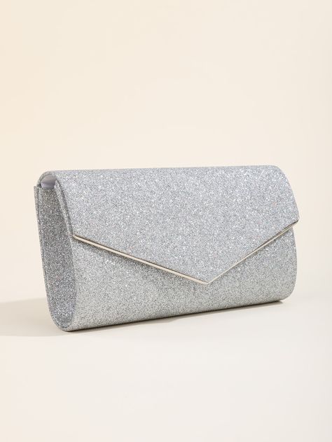 Silver Glamorous   Polyester Plain Square Bag    Women Bags Silver Glitter Clutch Bag, Silver Clutch Purse, Sparkly Bag, Silver Clutch Bag, Formal Bag, Glitter Clutch Bag, Prom Bag, Prom Purse, Prom Clutch