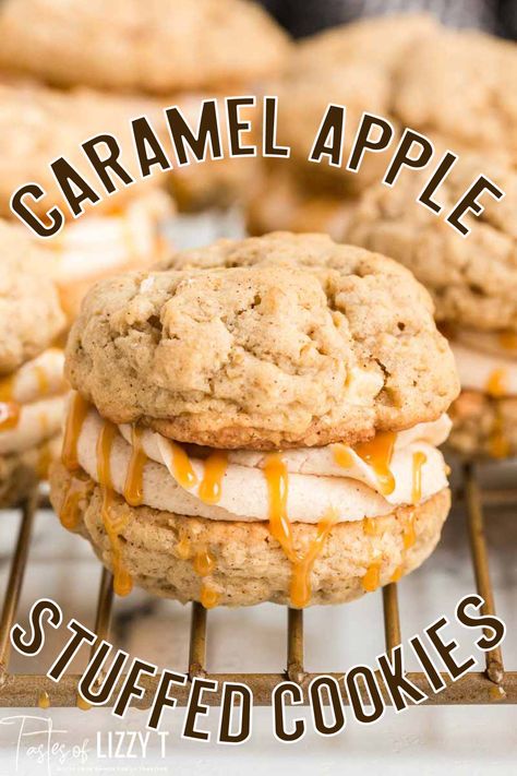 Cinnamon Buttercream Frosting, Cinnamon Buttercream, Caramel Apple Cookies, Apple Oatmeal Cookies, Apple Cookie, Apple Sandwich, Chewy Caramel, Apple Pie Cookies, Cookie Sandwiches