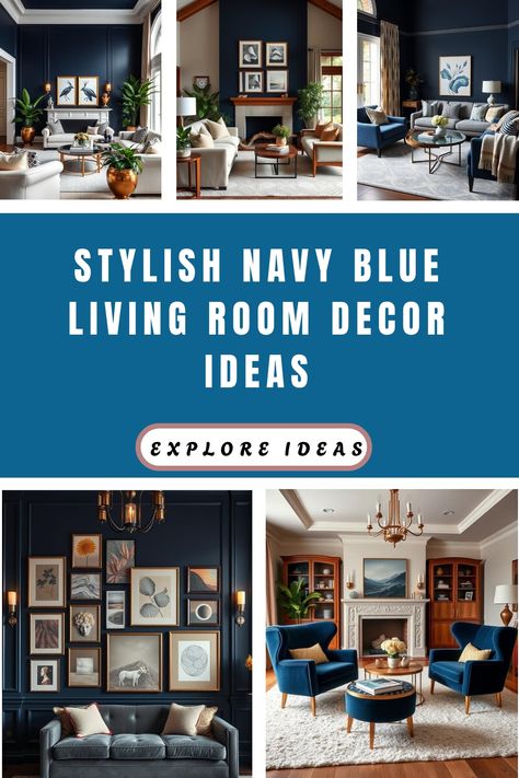 Stylish living rooms with navy blue accents and elegant decor elements. Living Room Inspiration Navy, Navy Sunroom, Living Room With Navy Sofa, Dark Blue Walls Living Room, Blue Living Room Aesthetic, Blue Wall Living Room Ideas, Living Room Designs Blue, Decorating With Blues, Indigo Living Room