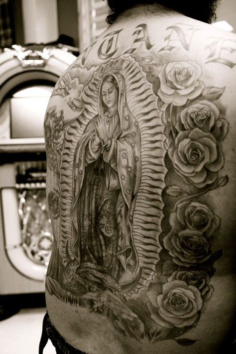 41 Virgin Mary Tattoos With Religious Connections and Meanings - Tattoos Win Mother Mary Tattoos, Maria Tattoo, Lowrider Tattoo, Virgin Mary Tattoo, Backpiece Tattoo, Mexican Tattoo, Catrina Tattoo, Mary Tattoo, Miami Ink