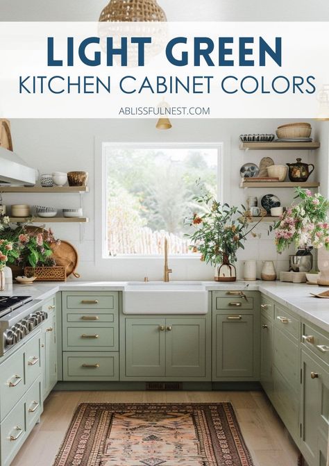 If you’re dreaming of a kitchen that’s both fresh and elegant, light green cabinets are a great option! This color is soft enough to be neutral yet adds just the right amount of personality. Pair it with brass or copper accents for a touch of sophistication. It’s a perfect blend of modern style and natural beauty! #kitchengoals #greenkitchenideas #cabinettrends Green Accent Cabinet Kitchen, Kitchen Colors Schemes Green, Green Cabinet White Countertop, Muted Green Cabinets, Bright Green Kitchen Cabinets, Painted Green Kitchen Cabinets, Kitchen Remodel Green Cabinets, Benjamin Moore Kitchen Cabinet Colors, Light Green Cabinets Kitchen