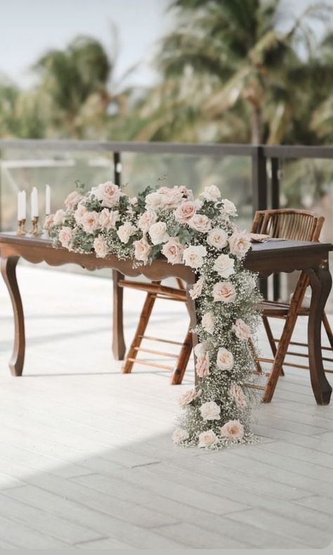 Florals For Sweetheart Table, Sweetheart Table Flowers, Wedding Top Table, Wedding Table Setup, Blush Wedding Colors, Gypsophila Wedding, Table Floral Arrangements, Flower Backdrop Wedding, Wedding Flower Design