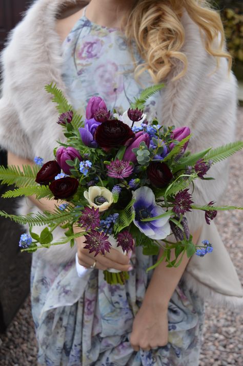 Spring flower, vintage style wedding bouquet using a lilac, purple, magenta, blue colour scheme highlighted with ferns. Wedding Flowers Tulips, Vintage Bouquet Wedding, Spring Wedding Bouquets, Violet Wedding, Purple Wedding Bouquets, Vintage Bouquet, Tulip Bouquet, Spring Wedding Flowers, White Wedding Bouquets