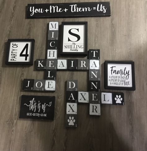 Family Name Tiles Wall Decor, Family Name Crossword Wall Decor, Crossword Names On Wall, Diy Scrabble Tiles Wall Art Dollar Tree, Scrabble Wall Art Ideas, Family Scrabble Wall Art, Scrabble Wall Art Diy, Scrabble Wall Decor, Large Scrabble Tiles