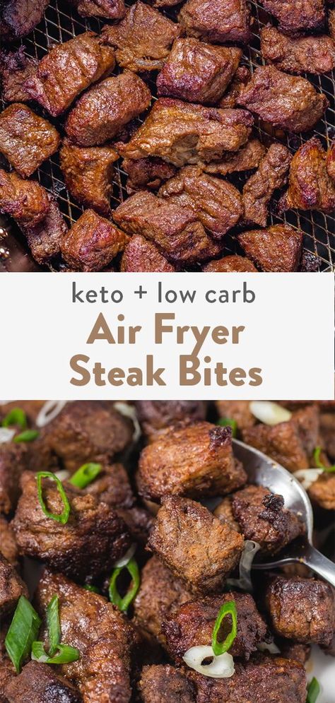 Super easy air fryer steak bites marinated in the best rub! These are naturally healthy being keto, paleo, gluten free and low carb. Try them with a side of mushrooms and/or veggies for a great healthy dinner recipe. Air Fryer Steak Bites, Low Carb Air Fryer, Air Fryer Recipes Healthy Low Carb, Air Fryer Recipes Low Carb, Air Fryer Steak, Baked Recipes, Healthy Dinner Recipe, Low Carb Low Fat Recipes, Easy Air Fryer