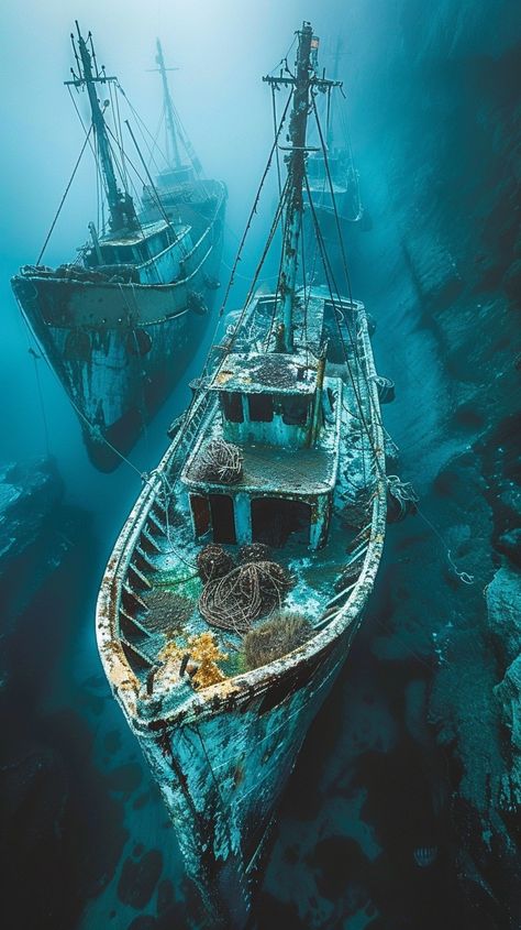 Sunken Ship #Mystery: Eerie #underwater scene of #sunken #ships resting silently in the blue depths of the #ocean. #DeepSea #Shipwreck #MaritimeHistory #ScubaDiving #AncientWrecks #aiart #aiphoto #stockcake ⬇️ Download and 📝 Prompt 👉 https://stockcake.com/i/sunken-ship-mystery_384273_357429 Glamour Logo, Money Animation, Underwater Shipwreck, Sunken Ships, Sunken Ship, Nautical Wallpaper, Underwater Scene, Water Logo, Sea Photography