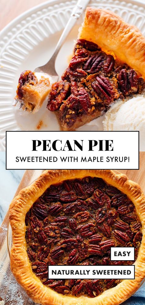 This delicious pecan pie is sweetened with maple syrup! This pecan pie recipe doesn't use corn syrup or refined sugar, and it's so easy to make. #naturallysweetened #pecanpie #thanksgiving #maplesyrup #christmas #cookieandkate Maple Pecan Pie, Popular Pies, Pie Dough Recipe, Maple Pecan, Pecan Pie Recipe, Toasted Pecans, Pecan Pie, Refined Sugar, Pie Recipe