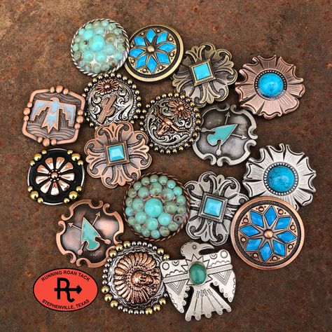 Replacement conchos for Running Roan Tack items. As you select each option, the display photo will change to a closeup picture of the concho you have selected. We use one size of concho on all of our products. Each concho is shipped with two screws (a short one and a long one) so they're ready to be installed on any of our products. Intended for use with Running Roan Tack brand products only. All sales are final on this product, no returns or exchanges allowed. Conchos For Saddles, Saddle Conchos, Wither Strap, Clear Handbags, Western Tack, Checkbook Covers, Horse Bridle, Spur Straps, Cowgirl Jewelry