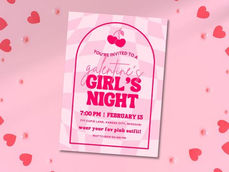 Galentine's Girls Night Invitation Template, Galentine's Invite, Pink and Red Cherries, Checkered Background, Customizable Canva Template Girls Night Invitations, Galentine's Party, Checker Background, Checkered Background, Happy Galentines Day, Trendy Fonts, Galentines Party, Bachelorette Invitations, Party Girl