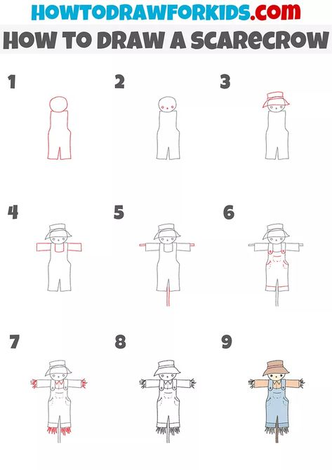 How to Draw a Scarecrow - Easy Drawing Tutorial For Kids Scarecrow Cartoon Drawing, Easy Scarecrow Painting, How To Draw A Scarecrow Step By Step, Simple Scarecrow Drawing, Easy Scarecrow Drawing, How To Draw A Scarecrow, Cute Scarecrow Drawing, Scarecrow Art Projects For Kids, Scarecrow Drawing Easy