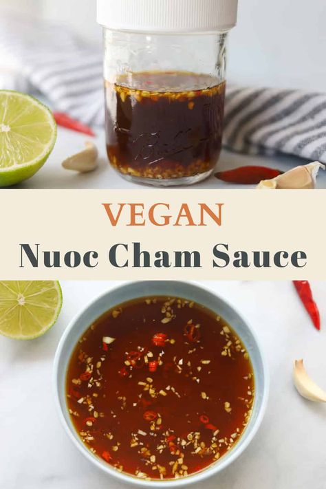 Nuoc cham chay is a Vietnamese vegan and vegetarian dipping sauce used for spring rolls, rice noodles, and rice bowls. Made with soy sauce, lime juice, water, garlic, sugar and optional thai chili peppers. It adds a bright and tart flavor with a bit of umami and sweetness to any dish. Get the recipe on www.apeachyplate.com Nuoc Cham Sauce Recipe, Spring Roll Dipping Sauce, Thai Chili Peppers, Thai Dipping Sauce, Spring Roll Sauce, Vegetarian Spring Rolls, Vegan Spring Rolls, Yeast Rolls Recipe, Thai Chili