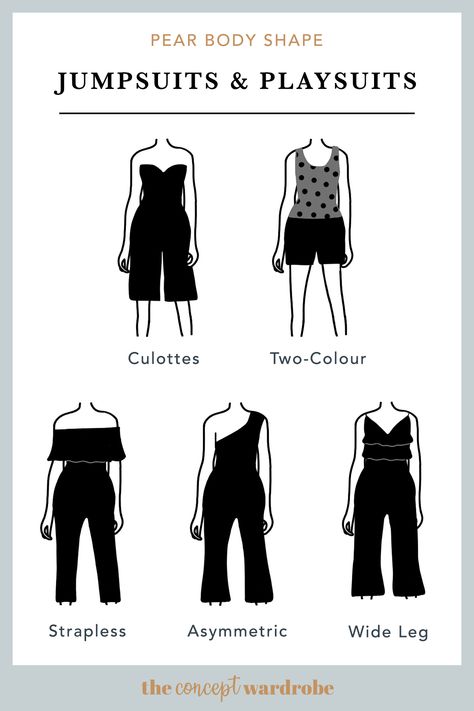 the concept wardrobe | A selection of great jumpsuit & playsuit styles for the pear body shape. Straight or flaring leg styles work best for this body shape. Add some interest and volume to the upper part. Apple Shape Jumpsuit, Best Clothes For Apple Shape, Oval Body Shape Outfits, Round Body Shape Outfits, Outfit Apple Shape, Apple Body Type Outfits, Hourglass Body Shape Fashion, Pear Body Shape Fashion, Hourglass Body Shape Outfits