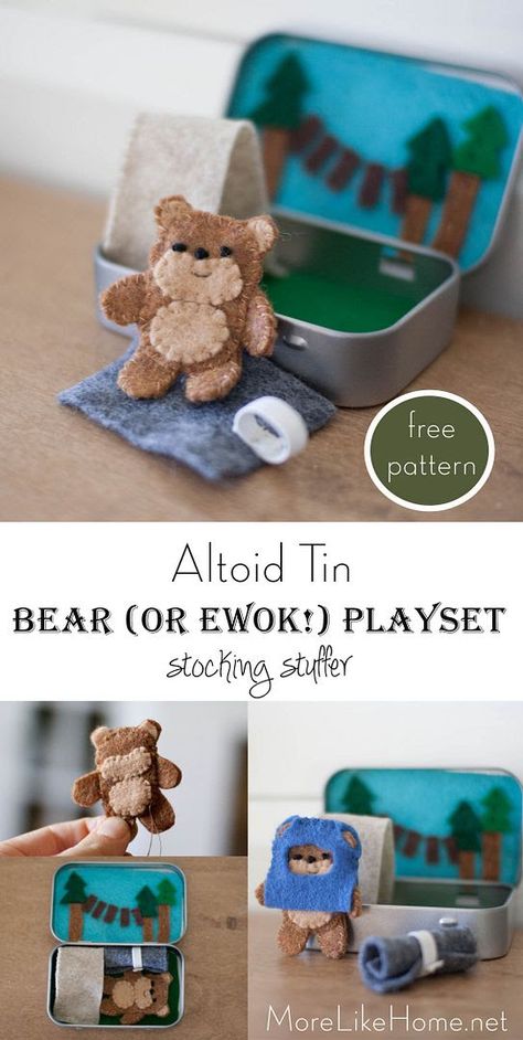 More Like Home: Ewok/Bear Cave Altoid Tin Playset (perfect stocking stuffer!) Mint Tin Crafts, Bear Cave, Altoid Tin, Altoids Tins, Mint Tins, Operation Christmas Child, Perfect Stocking Stuffers, Felt Toys, Cute Crafts