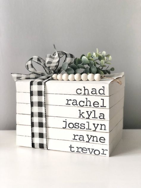 Stamped Books, Name Decor, Farmhouse Books, Book Stamp, Faith Gifts, Book Stack, Card Files, Book Names, Anniversary Dates