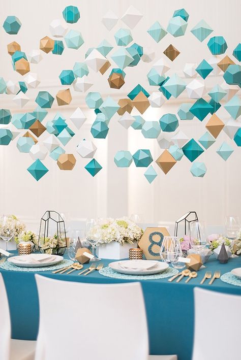 Mid-Century Geometric Wedding Theme Geometric Wedding Decor, Diy Wedding Table, בר מצווה, Geometric Wedding, Geometric Decor, Event Inspiration, Paper Lanterns, Blue And Gold, Wedding Themes