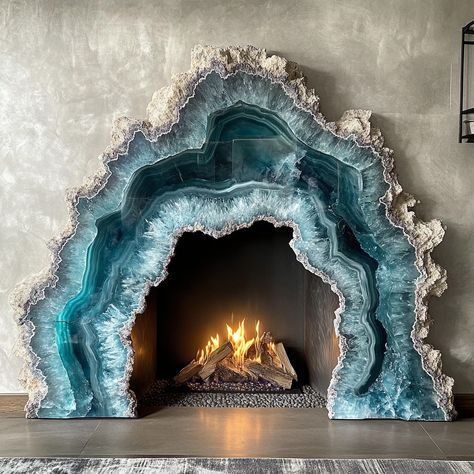 A geode fireplace is a stunning centerpiece that blends the natural beauty of geology with the warmth and comfort of a modern hearth. Crafted to mimic the intricate formations found inside geodes, the fireplace features a crystalline interior that shimmers with vibrant hues when illuminated by the flickering flames. The exterior is rugged and textured, resembling the raw outer shell of a geode, while the inside reveals a dazzling array of crystals, offering a captivating contrast. Perfect for... Crystal Geode Decor, Geode Fireplace, Modern Hearth, Fireplace Modern Design, Fantasy Journal, Dream Building, Fireplace Modern, Geode Decor, Geode Art