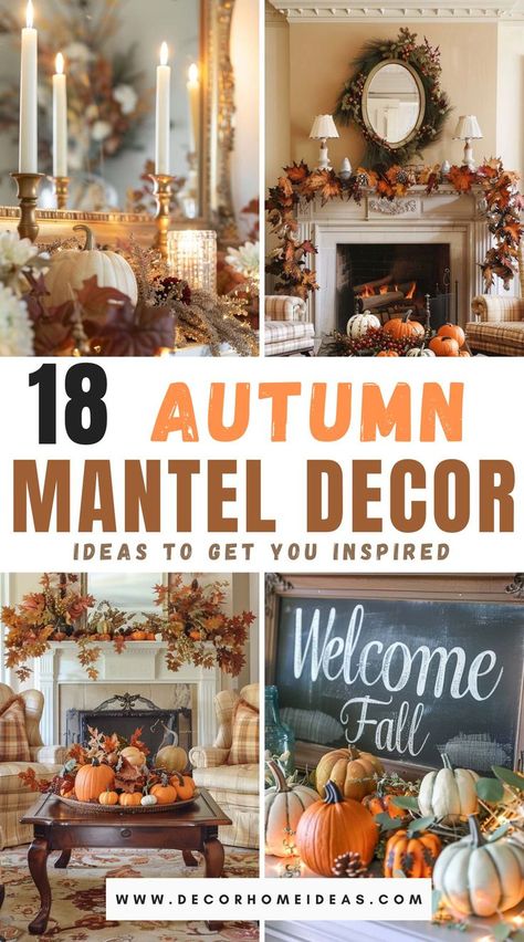 fall decor | fall inspiration | fake flowers | autumn decor | fall leaves | aesthetic fall decor | Fireplace Mantle Fall Decor Ideas, Fireplace Fall Mantle Decor, Fall Mantle Decor Ideas, Fireplace Fall Decorating Ideas, Beautiful Mantles, Autumn Fireplace Decor, Fall Decor Mantle, Autumn Mantel Decor, Warm Candles