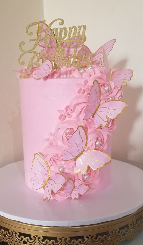 Pink Cake With Butterflies, Pink Butterfly Cake, Butterfly Theme Cake, Cake Butterfly, Hot Pink Cakes, Birthday Cake Roses, Flower Cake Design, Sparkle Cake, Diy Cake Topper Birthday