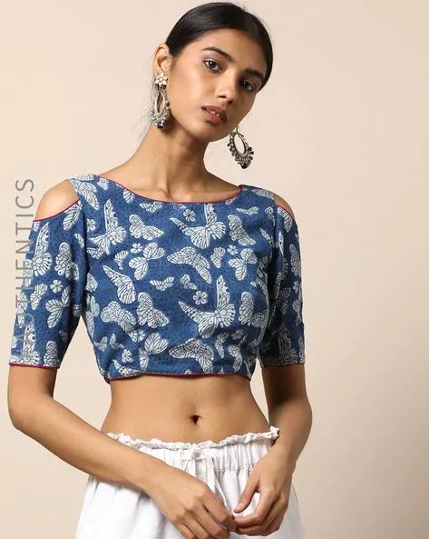 Handblock Print Back Open Cold-Shoulder Padded Blouse by Indie Picks Online | Ajio.com Cold Shoulder Blouse Indian, Shoulder Blouse Designs, Cold Shoulder Saree Blouse, Beige Blouses, Sari Ideas, Cold Shoulder Blouse Designs, Lehenga Anarkali, Cotton Blouse Design, Best Blouse Designs