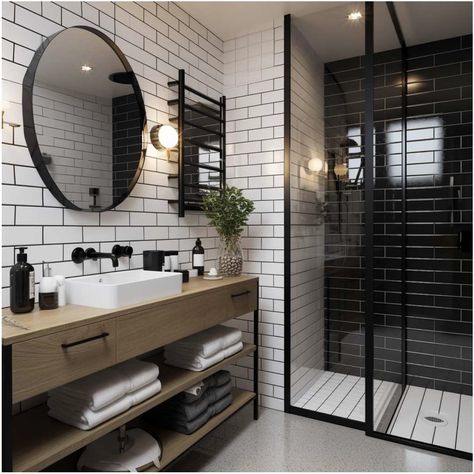 Small Black And White Bathroom, Modern Bathroom Design Black, Bathroom Inspo Interior Design, Black Tile Bathrooms, Clawfoot Tubs, Black And White Tiles Bathroom, Black And White Bathroom, Bathroom Design Black, Black White Bathrooms