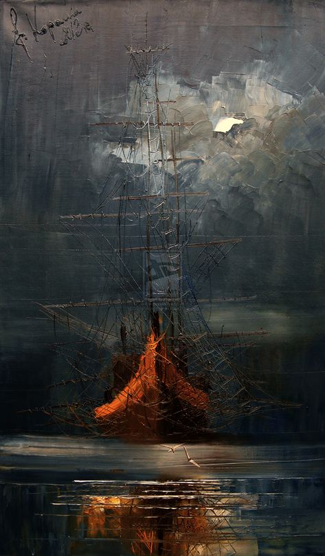 Night...- fog... by StudioUndertheMoon.deviantart.com on @deviantART #writingprompt Justyna Kopania, Modern Abstract Painting Diy, Navi A Vela, Abstract Painting Techniques, Sailboat Painting, Ship Paintings, Sail Boats, Painting Gallery, Modern Abstract Painting