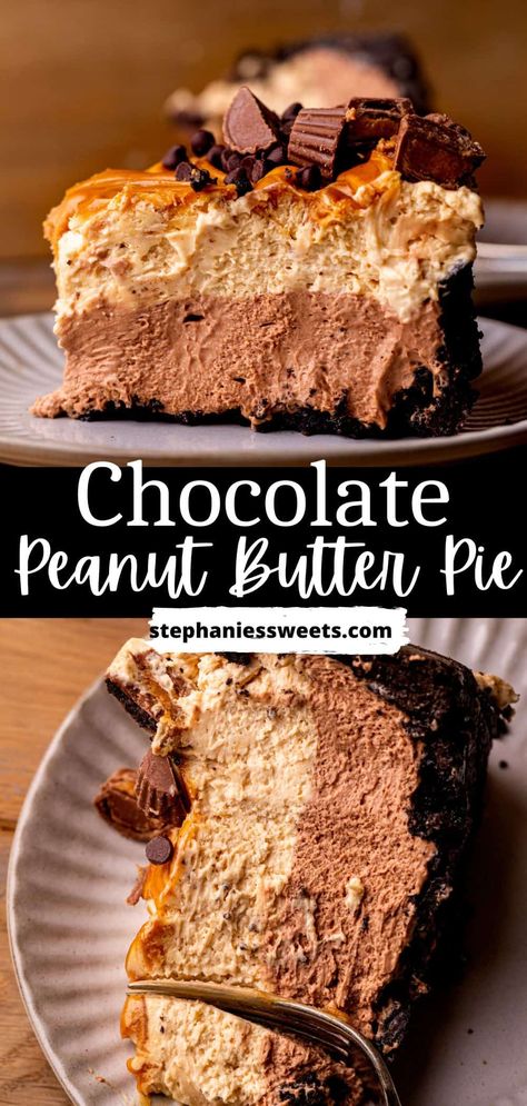 This chocolate peanut butter pie has a layer of chocolate and a peanut butter layer. It has an Oreo crust, chocolate no bake pie, peanut butter no bake pie, and swirled peanut butter on top. Topped with peanut butter cups. Chocolate Peanut Butter Crunch Pie Milk Bar, Chocolate Nutella Pie, Thanksgiving Desserts Peanut Butter, Peanut Butter Heaven, Peanut Butter Pie Without Cool Whip, Chocolate Peanut Butter Temptation Pie, Desserts Using Peanut Butter, Minnie’s Chocolate Pie, Smuckers Peanut Butter Pie