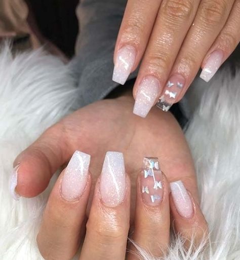 Clear Nail Designs, Flame Nail Art, Clear Acrylic Nails, Unique Acrylic Nails, Pink Nail, Butterfly Nail, Sparkly Nails, Pink Acrylic Nails, Acrylic Nail Art