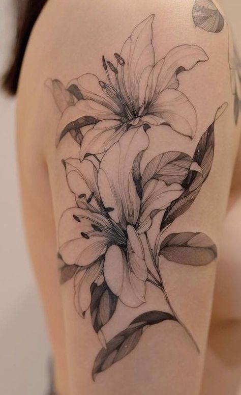 Lilly Tattoo Design, Lilly Flower Tattoo, Jasmine Tattoo, Lillies Tattoo, Lily Tattoo Design, Lily Flower Tattoos, Flower Tattoo Shoulder, Lily Tattoo, Tattoo Women