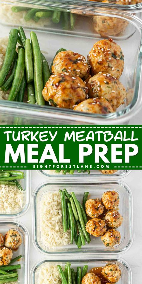 This sweet and spicy turkey meatball meal prep is a great Sunday recipe to set yourself up with healthy meals throughout the week. Easy oven baked meatballs come together in a rich, sweet and spicy glaze and are served with some green beans and bone broth rice to make a wholesome and nourishing lunch or dinner. It’s simple, delicious and reheats really well! Turkey Meatball Meals Healthy, Turkey Patty Meal Prep, Meal Prep For On The Go, Turkey Meatball Lunch Prep, Sweet And Spicy Turkey Meatballs, Meal Prep With Turkey Meat, Pregnant Lunches For Work, Healthy Meatball Meal Prep, Easy Lunch Prep For The Week