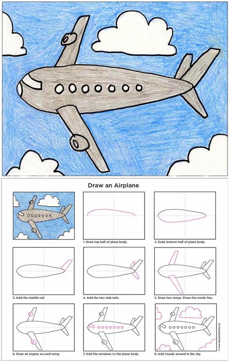 Art Projects for Kids: How to Draw an Airplane. Print friendly PDF file available to download. #artprojectsforkids Trin For Trin Tegning, Ako Kresliť, Classe D'art, Airplane Drawing, Directed Drawing, Art Projects For Kids, Airplane Art, Easy Drawings For Kids, Homeschool Art