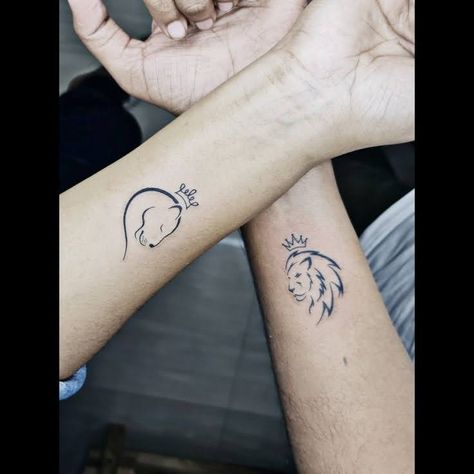 Lion King Couple Tattoos, Lions Couple Tattoo, Lion With Crown Tattoo Design For Women, Husband And Wife Lion Tattoos, Lion Couple Tattoo, Lion With Crown Tattoo Design, Bravery Tattoo, Cute Lion Tattoo, Couples Lion Tattoo