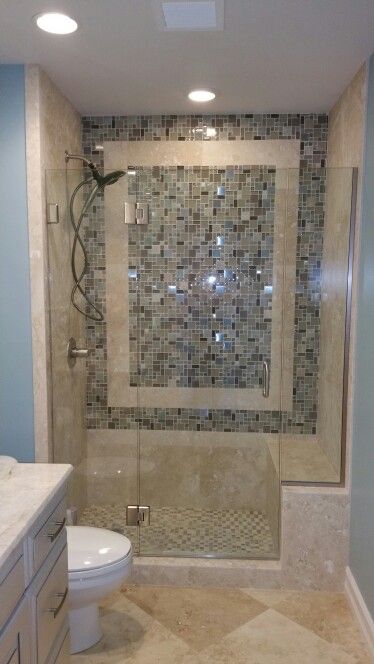 Bathroom Travertine Tile Ideas, Travertine Tile Shower Designs, Chateau Bathroom, Restroom Makeover, Walk In Shower With Half Wall Stone, Travertine Walk In Shower Master Bath, Bathrooms Decorations, Tumbled Travertine Bathroom, Shower Redo