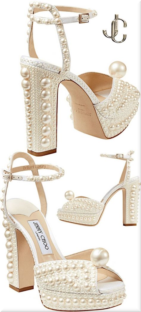 Pearl beeded footwear Jimmy Choo Sacaria, Jimmy Choo Wedding Shoes, Pearl Wedding Shoes, White Bridal Shoes, Wedding Shoes Platform, White Platform Sandals, Jimmy Choo Bridal, Pearl Embellishment, Pearl Shoes