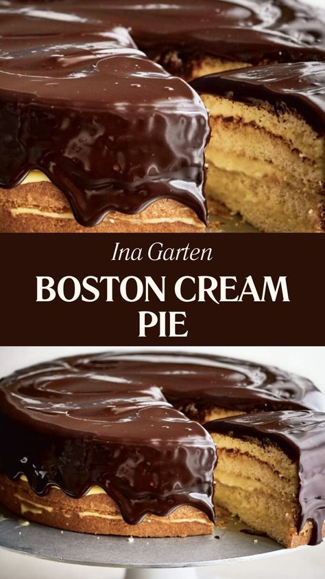 Ina Garten Boston Cream Pie Homemade Boston Cream Pie, Desserts With Heavy Cream, Boston Cream Pie Cake, Boston Creme Pie, Boston Cream Pie Recipe, Desserts Around The World, Boston Food, Boston Cream Pie, Coffee Granules