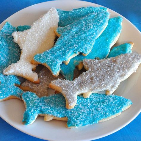 Happy National Sugar Cookie Day!! And they're even better when they're shark shaped!! Bounce over to the blog for "The Most Awesome Ever Sour Cream Sugar Cookies" recipe. Search Keyword: sugar cookies #sharkweek #sharkweekhoohaha Shark Desserts, Shark Bite Drink Recipe, Shark Treats, Shark Week Food, Shark Themed Food, Shark Week Recipes, Shark Snacks, Shark Activities, Shark Week Party