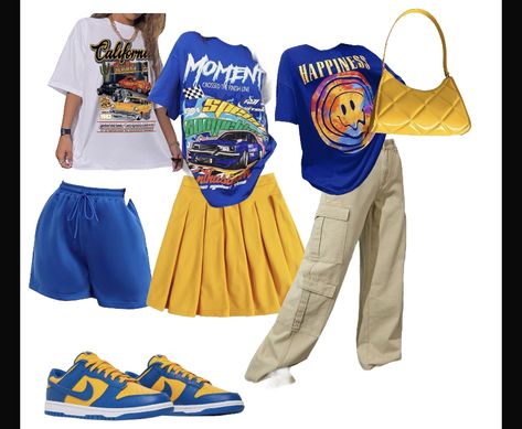 Blue And Yellow Jordans Outfit, Purple And White Dunks Outfit, Yellow And Blue Jordan 1s Outfit, Outfits With Ucla Dunks, Blue And Yellow Jordan 1 Outfit Women, Blue And Yellow Outfit Ideas Black Women, Green And Yellow Dunks Outfit, Red Blue Yellow Green Vans Outfit, Ucla Dunks Outfit