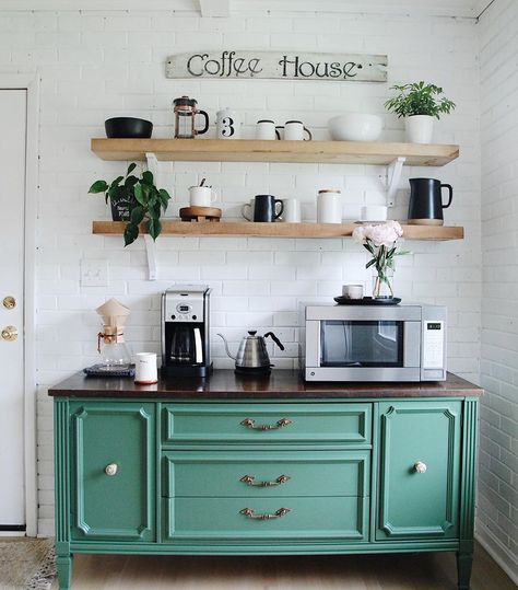 Green Buffet Dining Room, Microwave Station, Green Coffee Bar, Dining Room Coffee Bar, Apartment Needs, Green Kitchen Cabinets, Shelving Ideas, Kitchen Buffet, Dining Room Buffet