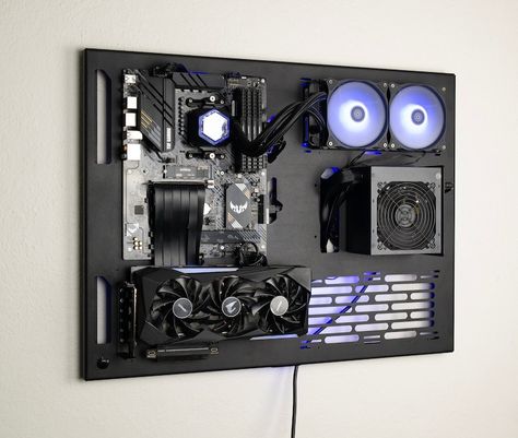 Wall Computer Dual Radiator Wall Computer Open Air Computer - Etsy Brasil Blackout Aesthetic, Nanoleaf Panels, Wall Mounted Computer, Wall Computer, Wall Mounted Pc, Diy Pc Case, Custom Computer Case, Gaming Technology, Diy Pc