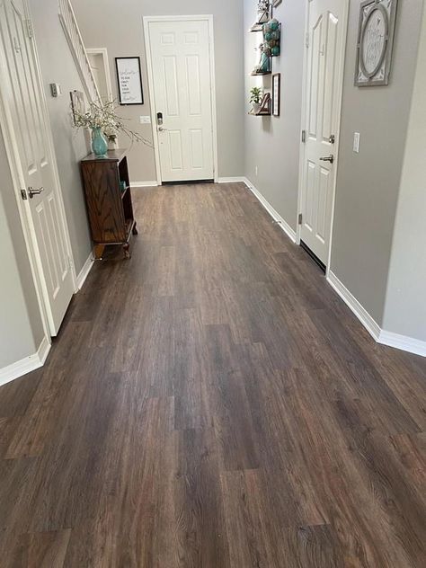 Dark Wood And Tile Flooring Combination, Living Room Floor And Wall Colors, Wooden Floor Colors, Grey Walls Brown Floors, Home Flooring Ideas Living Room, Light Walls Dark Floors, Lvl Flooring Ideas, Wall Colors To Match Brown Floors, Spc Flooring Bedroom