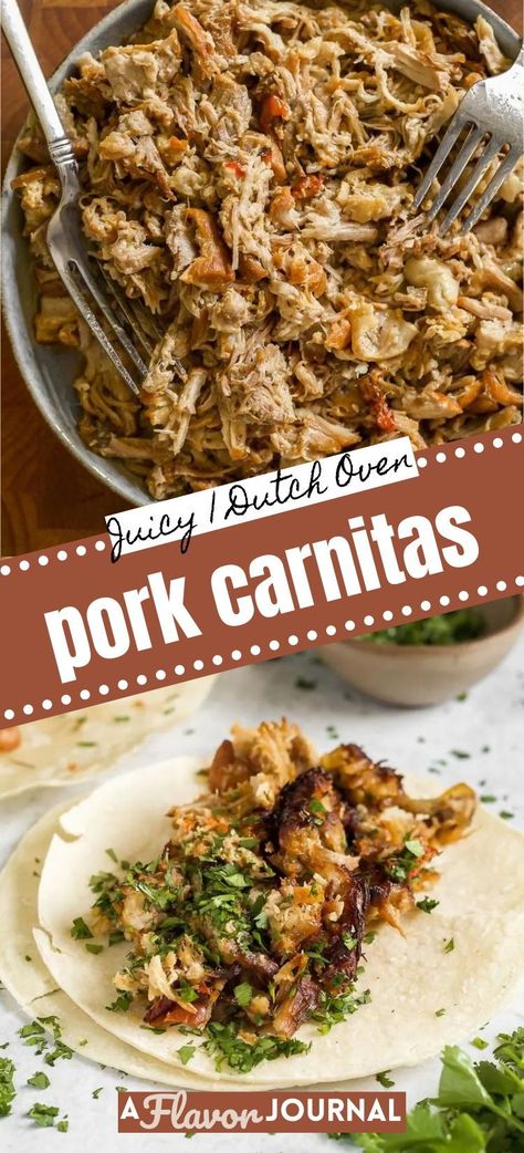 This is my all-time favorite dutch oven pork carnitas recipe. I developed it to be tender, juicy, and super flavorful. 🙂  One of my favorite ways to achieve tender, juicy pork is through two important steps: brining the pork and braising it in a dutch oven. It’s the perfect dish for a lazy Sunday afternoon. Pork Shoulder Carnitas Oven, Pork Butts In The Dutch Oven, Pork Loin Dutch Oven Recipes, Dutch Oven Pork Tenderloin, Carnitas Oven, Dutch Oven Carnitas, Dutch Oven Pork, Pork Carnitas Recipe, Pork Shoulder Roast