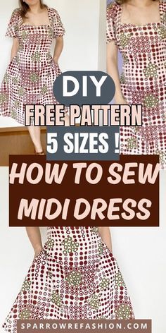 Learn how to sew a stylish midi dress with a free pattern available in 5 different sizes. Perfect for sewists of all skill levels, this tutorial will guide you through the process of creating a beautiful and comfortable garment that fits you perfectly. Say goodbye to ill-fitting dresses and hello to a wardrobe staple that you can make yourself! Plus Size Dress Sewing Patterns Free, Simple Winter Dress Pattern, Beginner Dress Pattern Free, Easy Dresses To Sew, Sew Easy Dress, Easy Dress Pattern For Women, Free Dress Patterns For Women, How To Make Dress, Free Dress Pattern