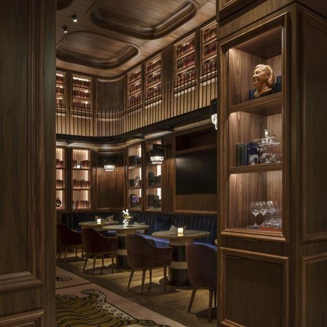 Mahogany Bar, Focus Lighting, Rockwell Group, Floor To Ceiling Bookshelves, Hyatt Centric, Library Bar, Restaurant Photography, Glass Fireplace, Vail Colorado