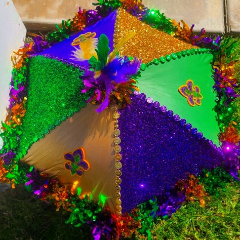 Multi-Colored 2nd Line Marti Gras Umbrella, Embellished With Beads, Glitter, Feathers, And Fleur-De-Lis. Second Line Umbrella, Wedding Umbrella, Mardi Gras Wreath, Scarecrow Wreath, Umbrella Wedding, Mardi Gras Decorations, Mardi Gras Beads, Second Line, How To Make Box