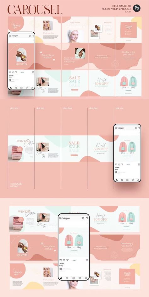 Beauty Instagram Carousel Templates PSD Beauty Instagram Template, Instagram Carousel Ideas, Carousel Design Ideas, Carousels Instagram, Instagram Carousel Design, Carrousel Instagram, Carousel Ideas, Instagram Infographic, Carousel Template